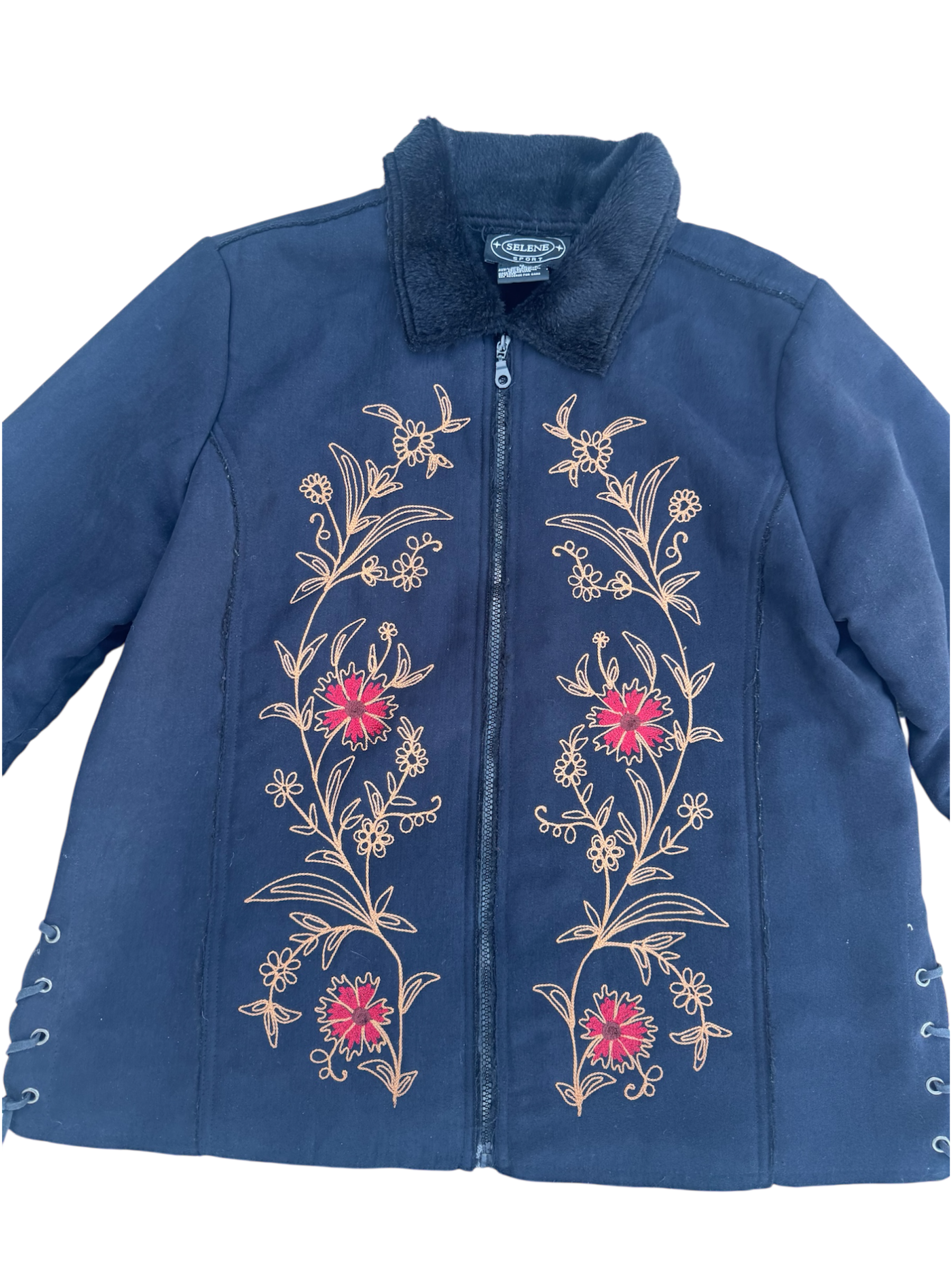 Black floral suede faux fur lined jacket / coat