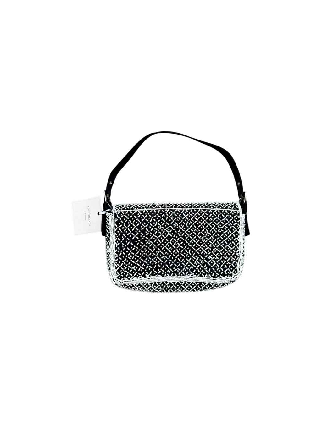 Black & white beaded mini baguette shoulder bag