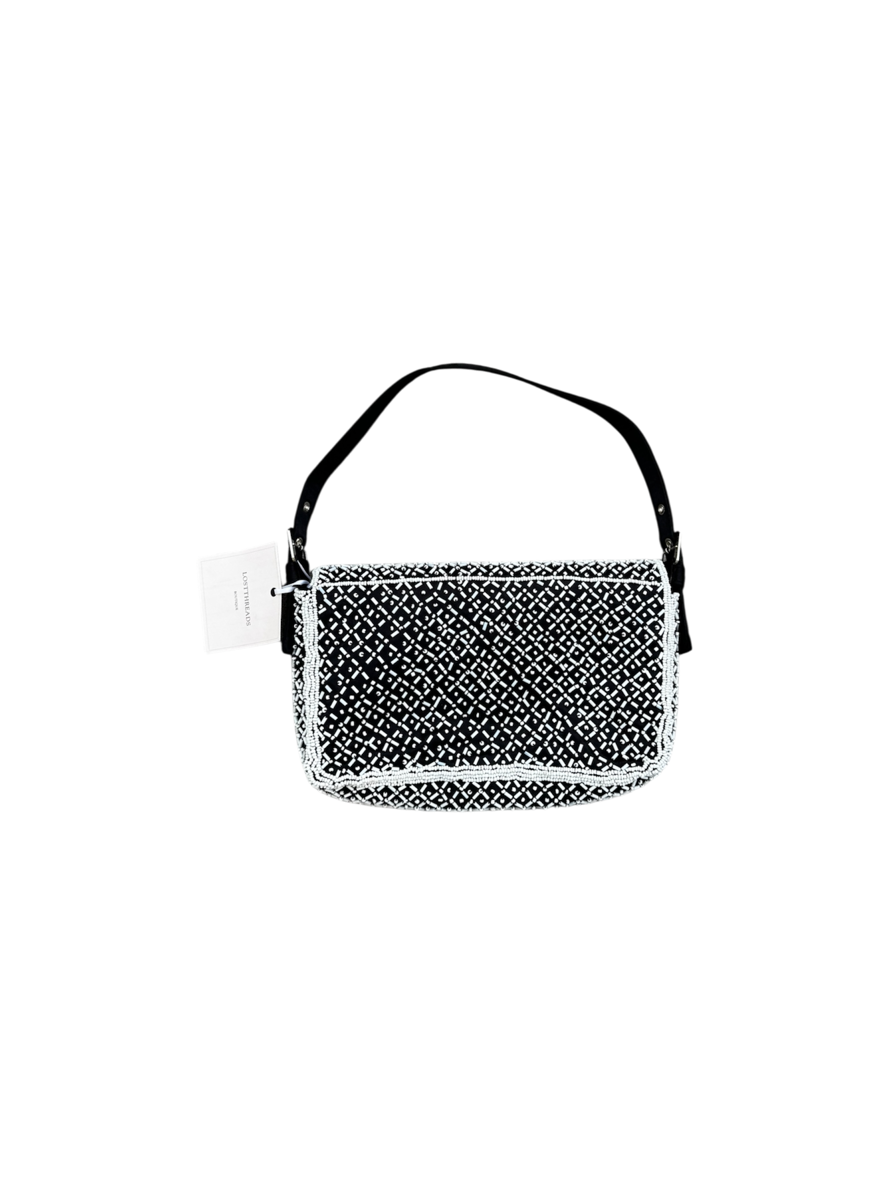 Black & white beaded mini baguette shoulder bag