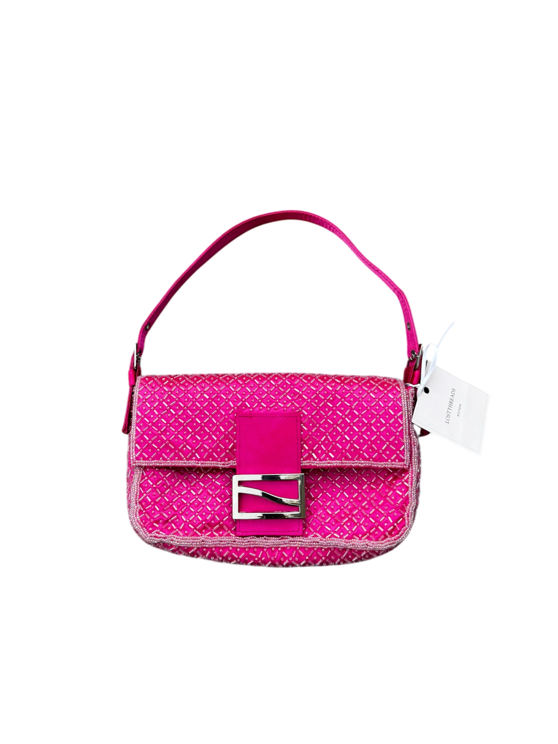 Pink beaded mini baguette shoulder bag