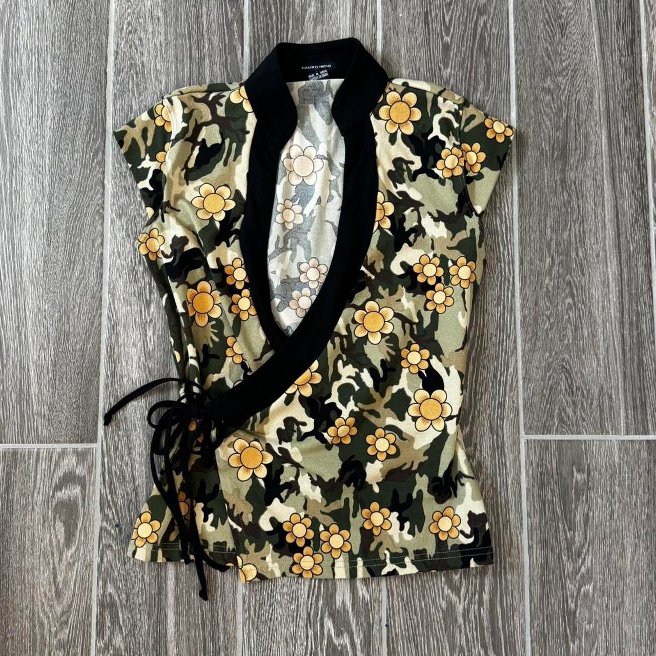Vintage floral camo wrap blouse