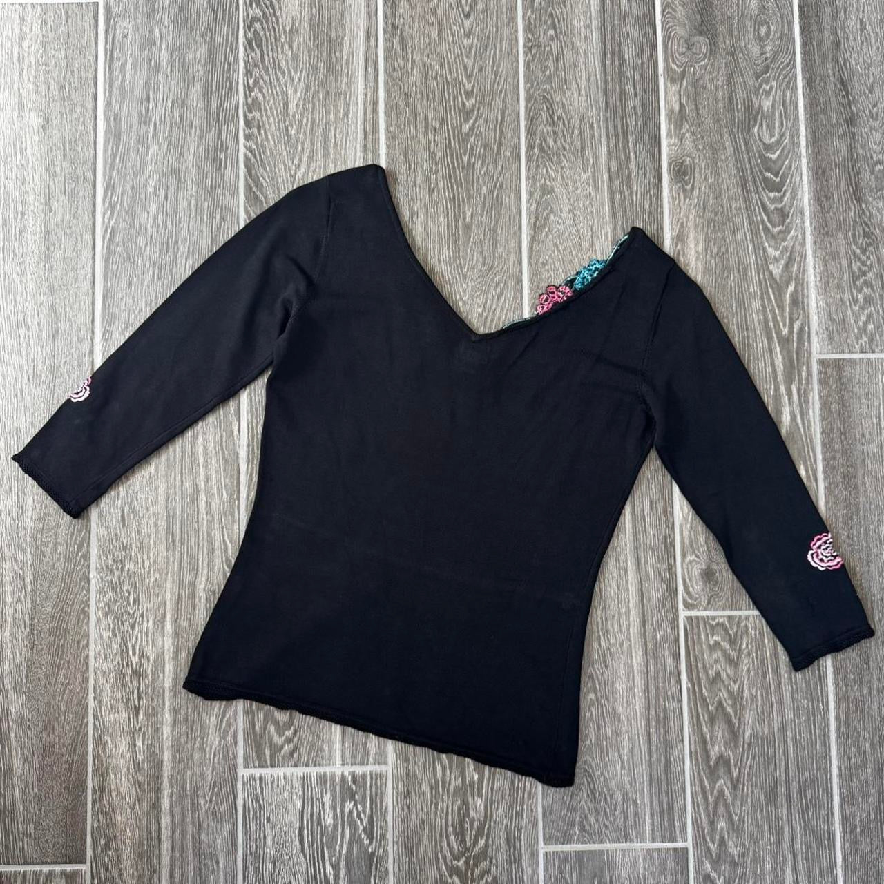 Black embroidered floral beaded neckline trim detail knit top