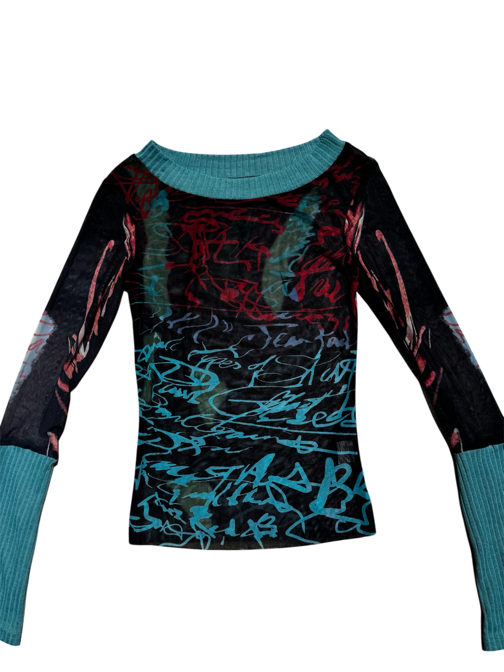 Script pattern mesh long sleeve top