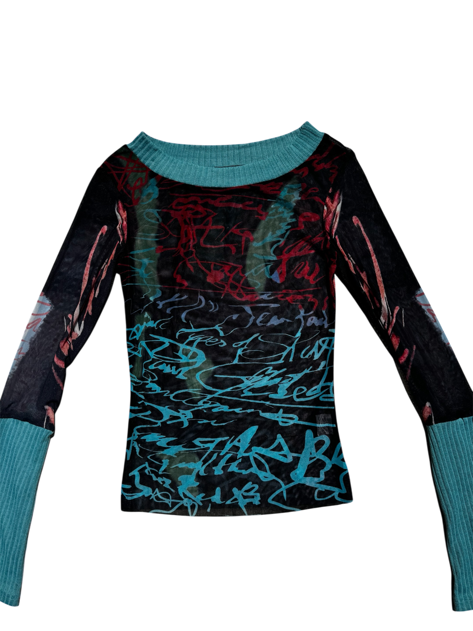 Script pattern mesh long sleeve top