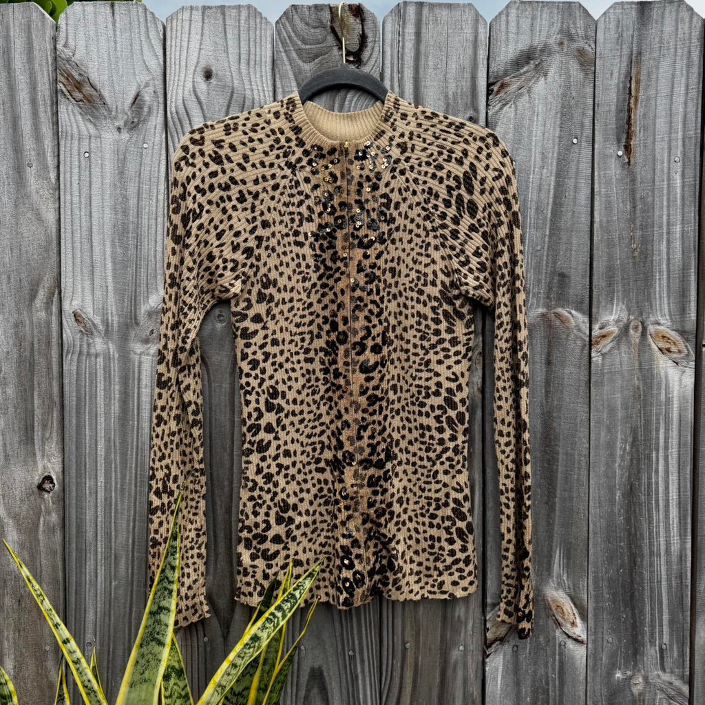 Vintage Cheetah Print Sequin Ribbed Knit Sweater