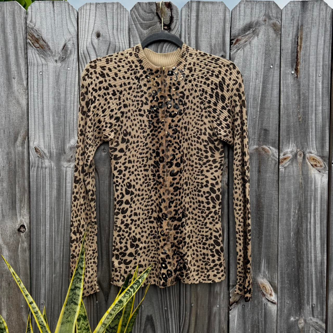 Vintage Cheetah Print Sequin Ribbed Knit Sweater