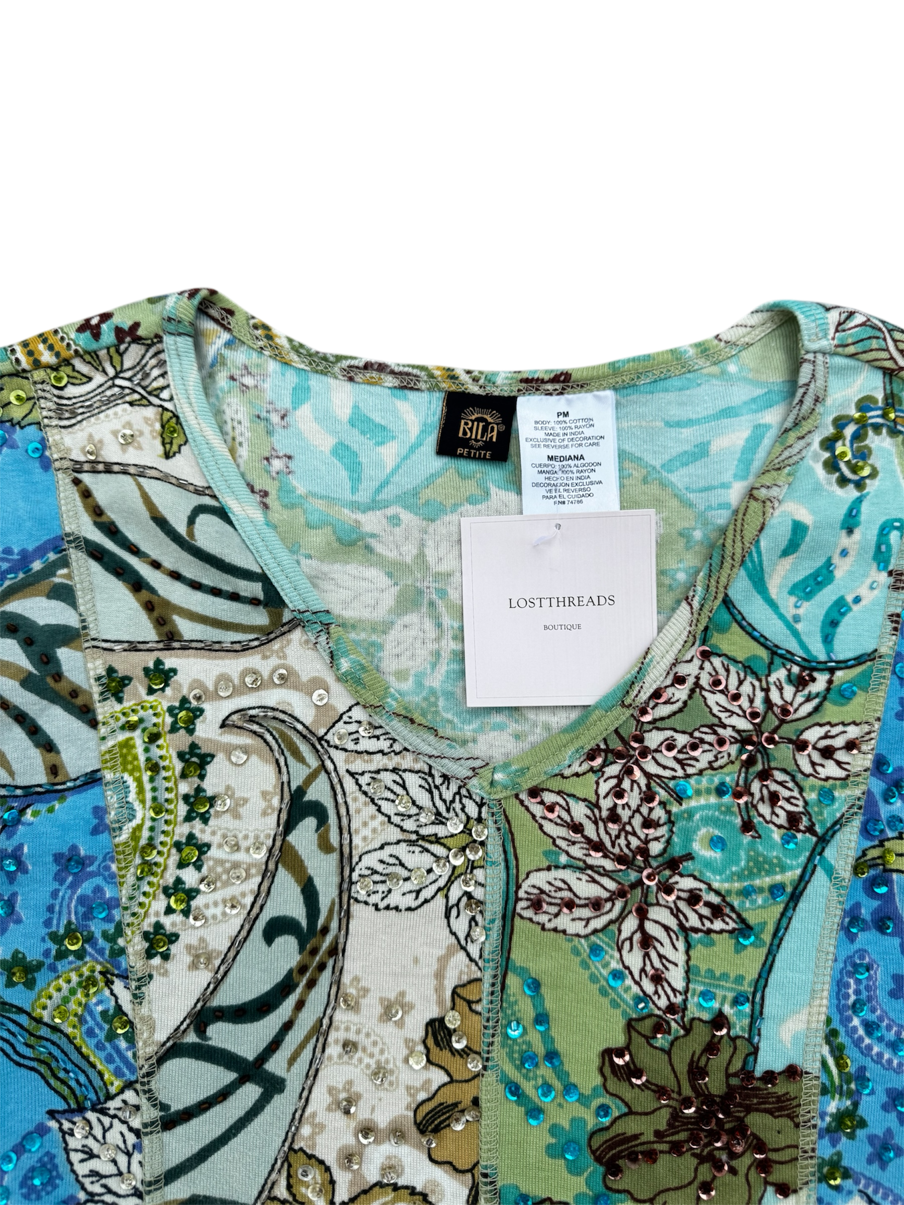 green and blue beaded flowy sleeve top