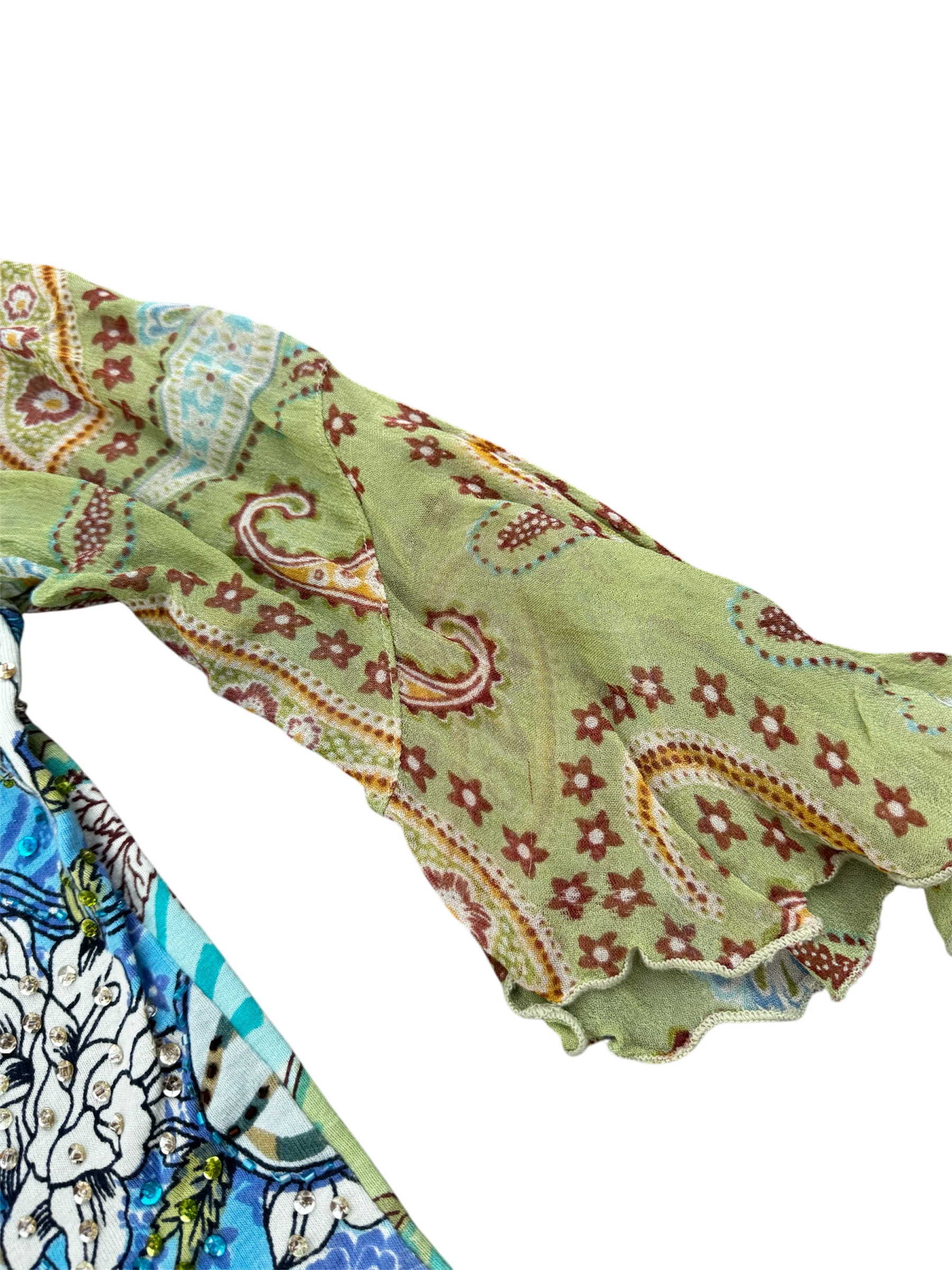 green and blue beaded flowy sleeve top