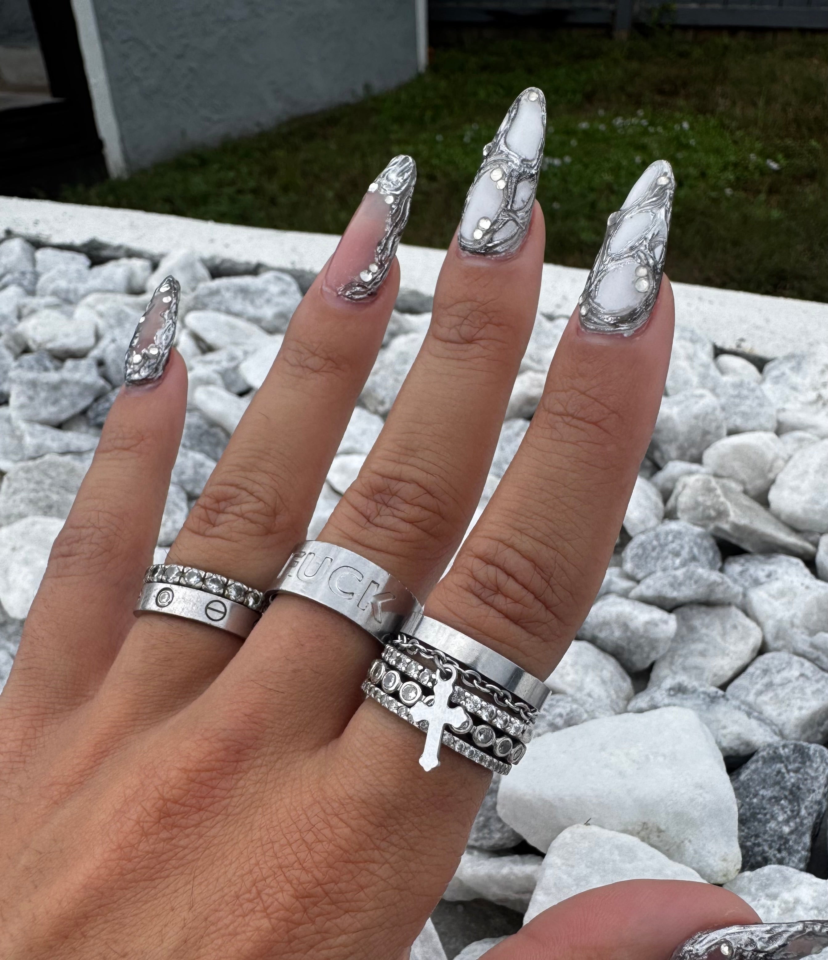 dainty silver cross charm chain ring