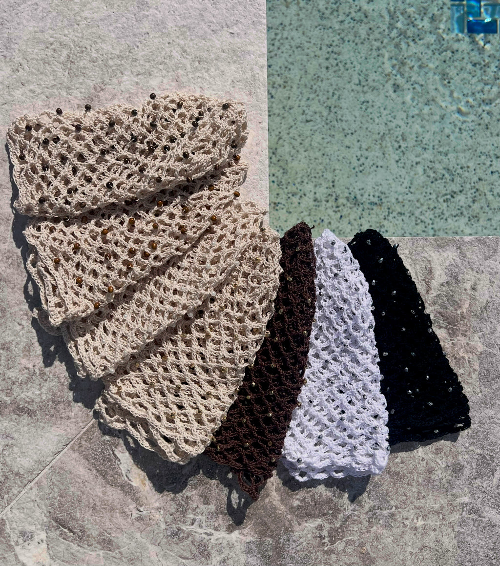 Crochet beaded fishnet skull caps