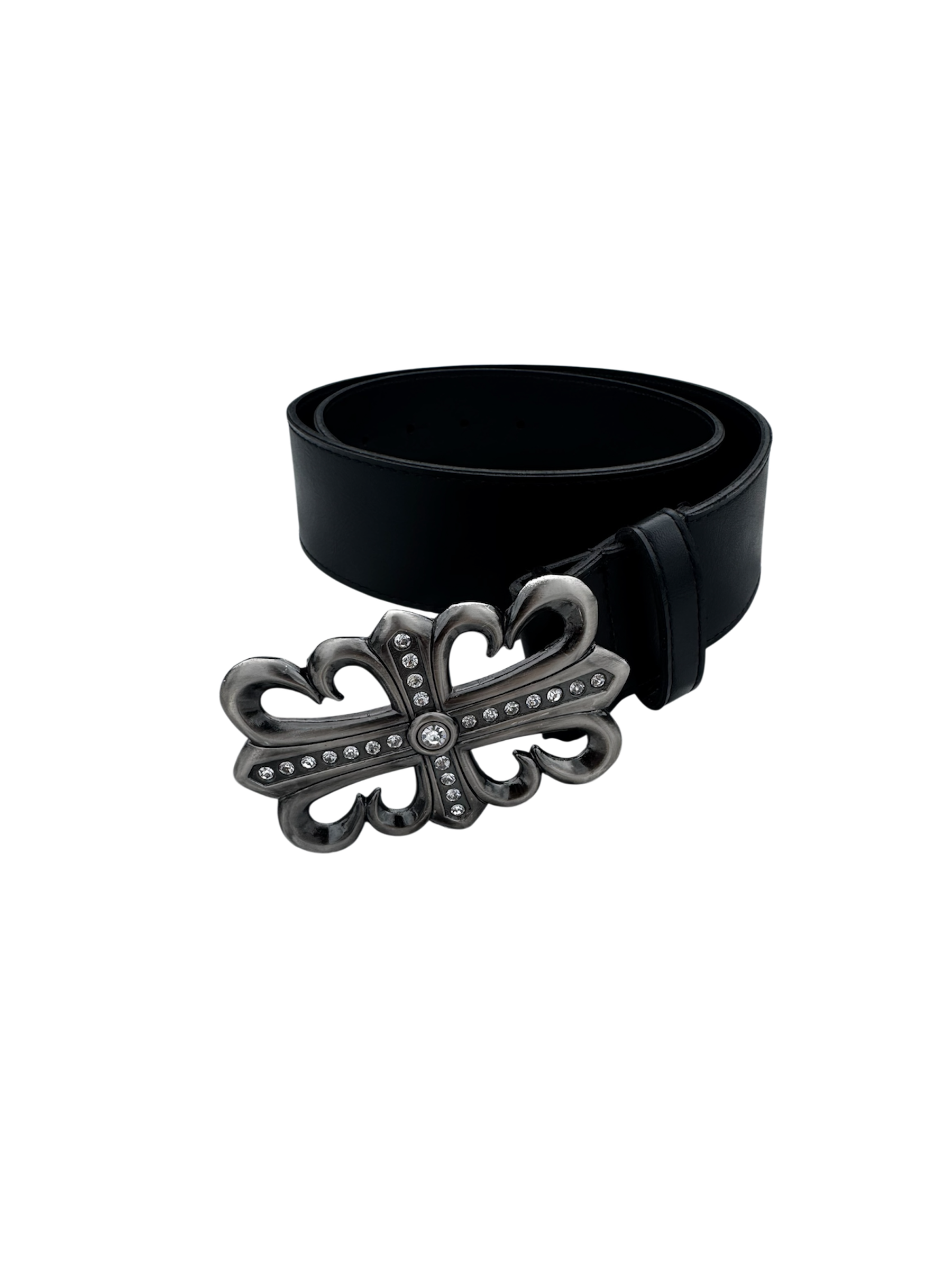 Black leather fluer de lis rhinestone buckle belt