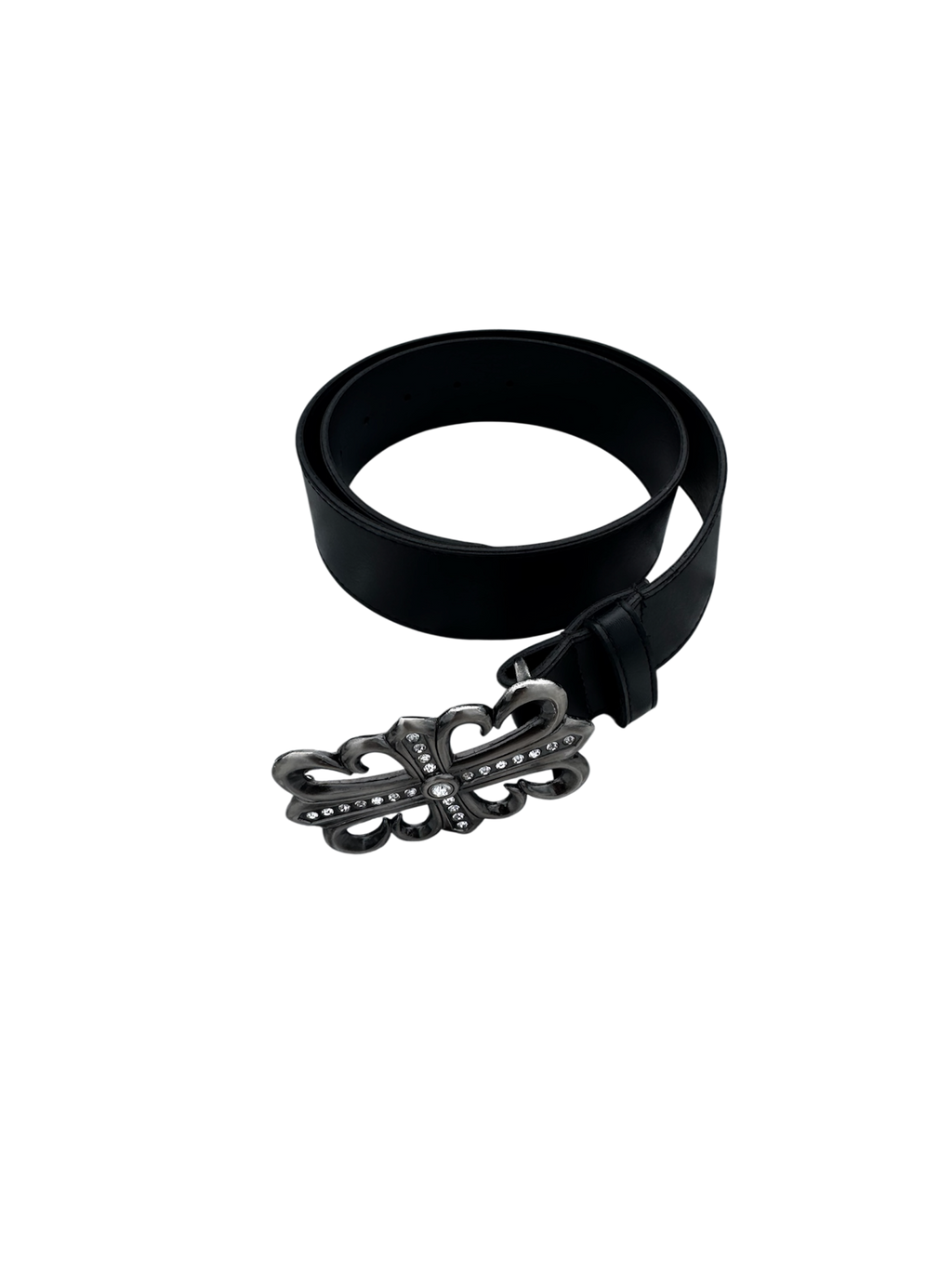 Black leather fluer de lis rhinestone buckle belt