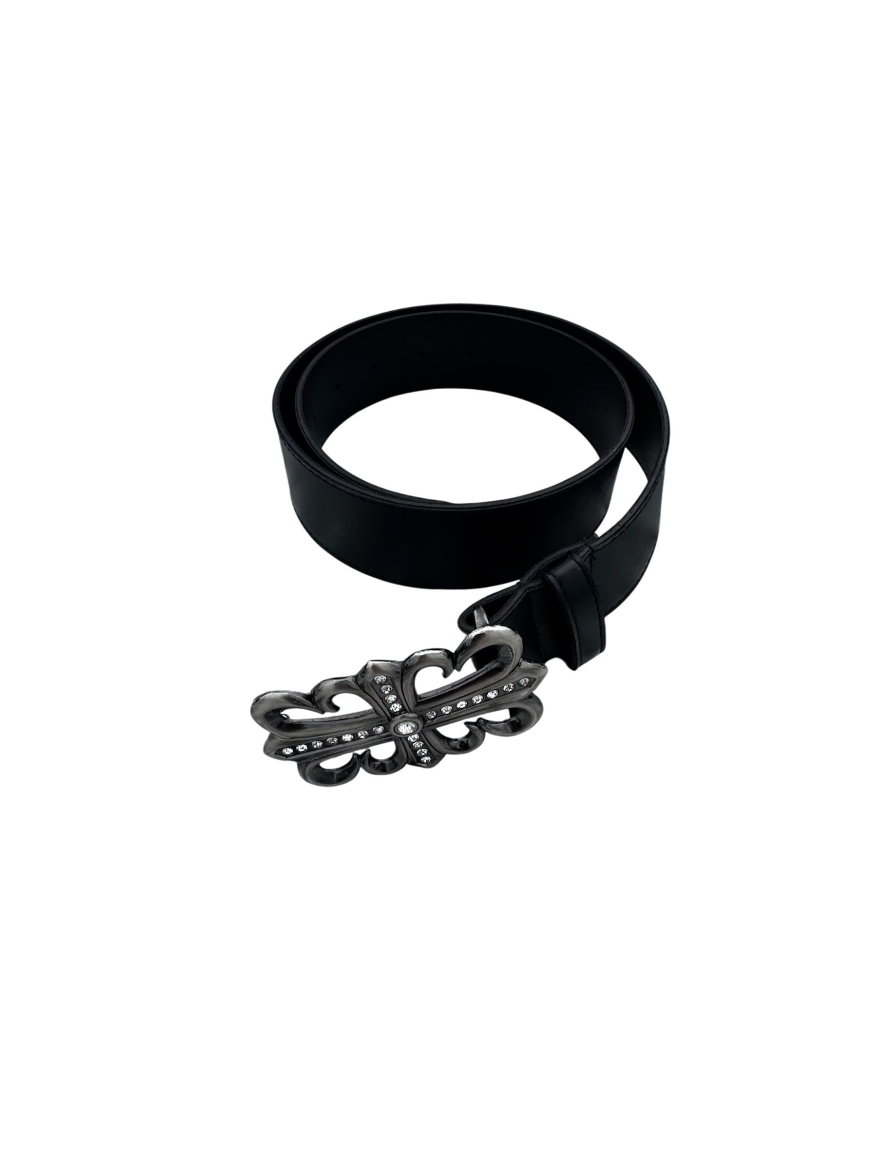 Black leather fluer de lis rhinestone buckle belt