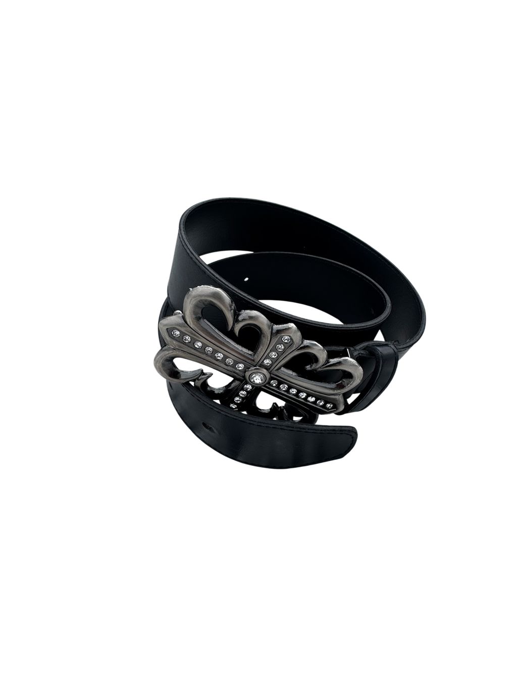 Black leather fluer de lis rhinestone buckle belt