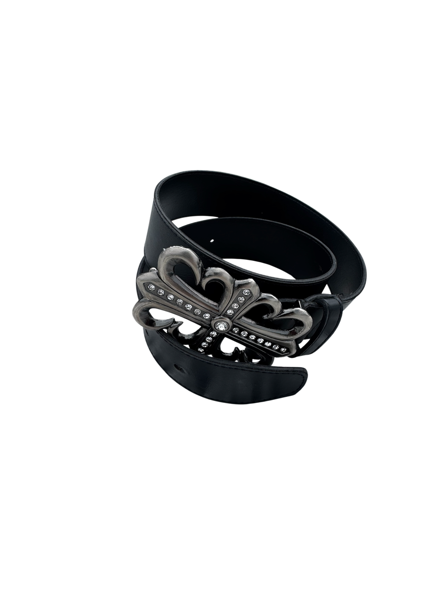 Black leather fluer de lis rhinestone buckle belt