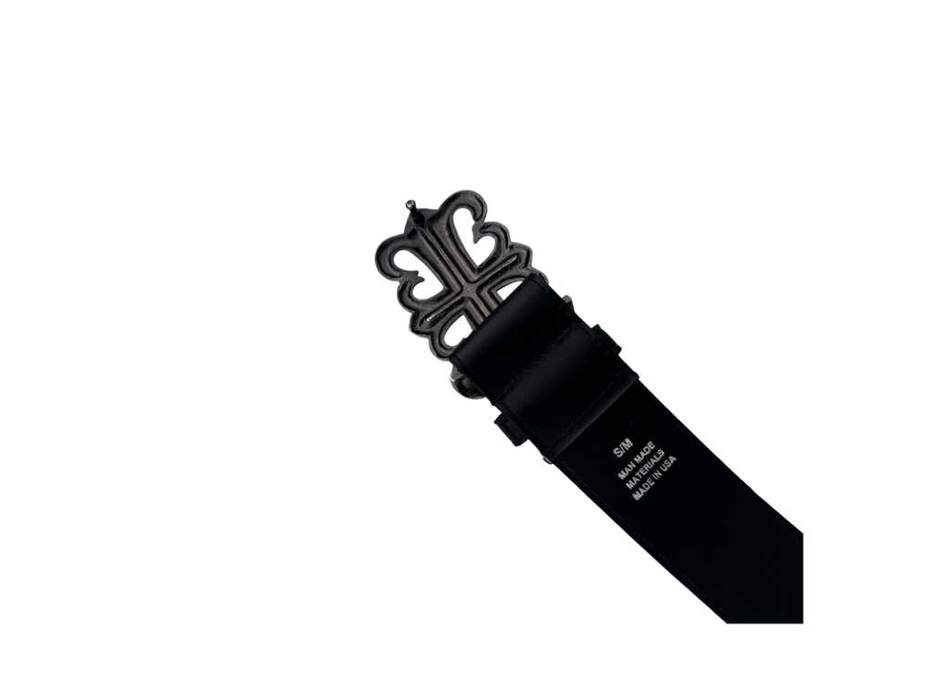 Black leather fluer de lis rhinestone buckle belt