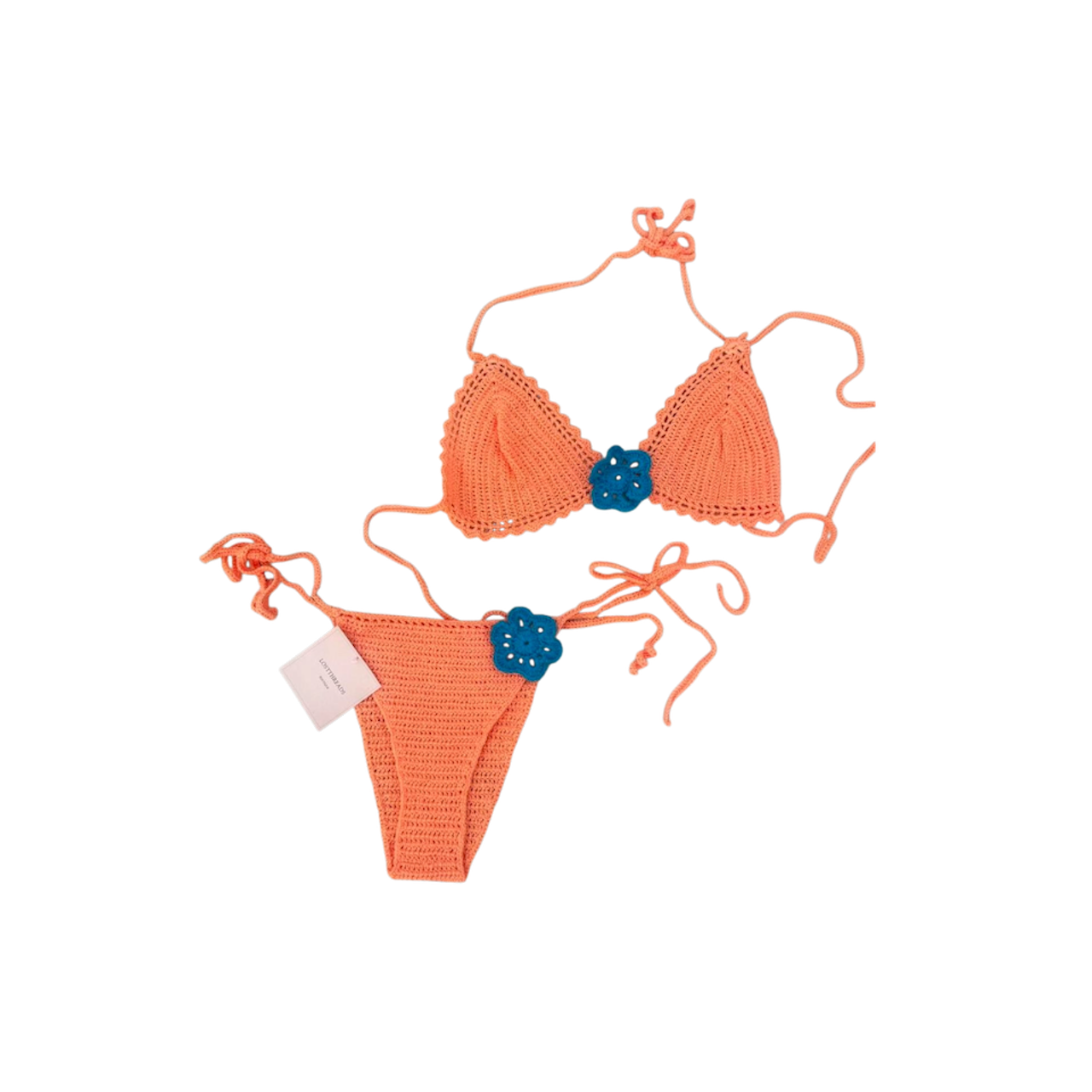 peach and blue crochet bikini set