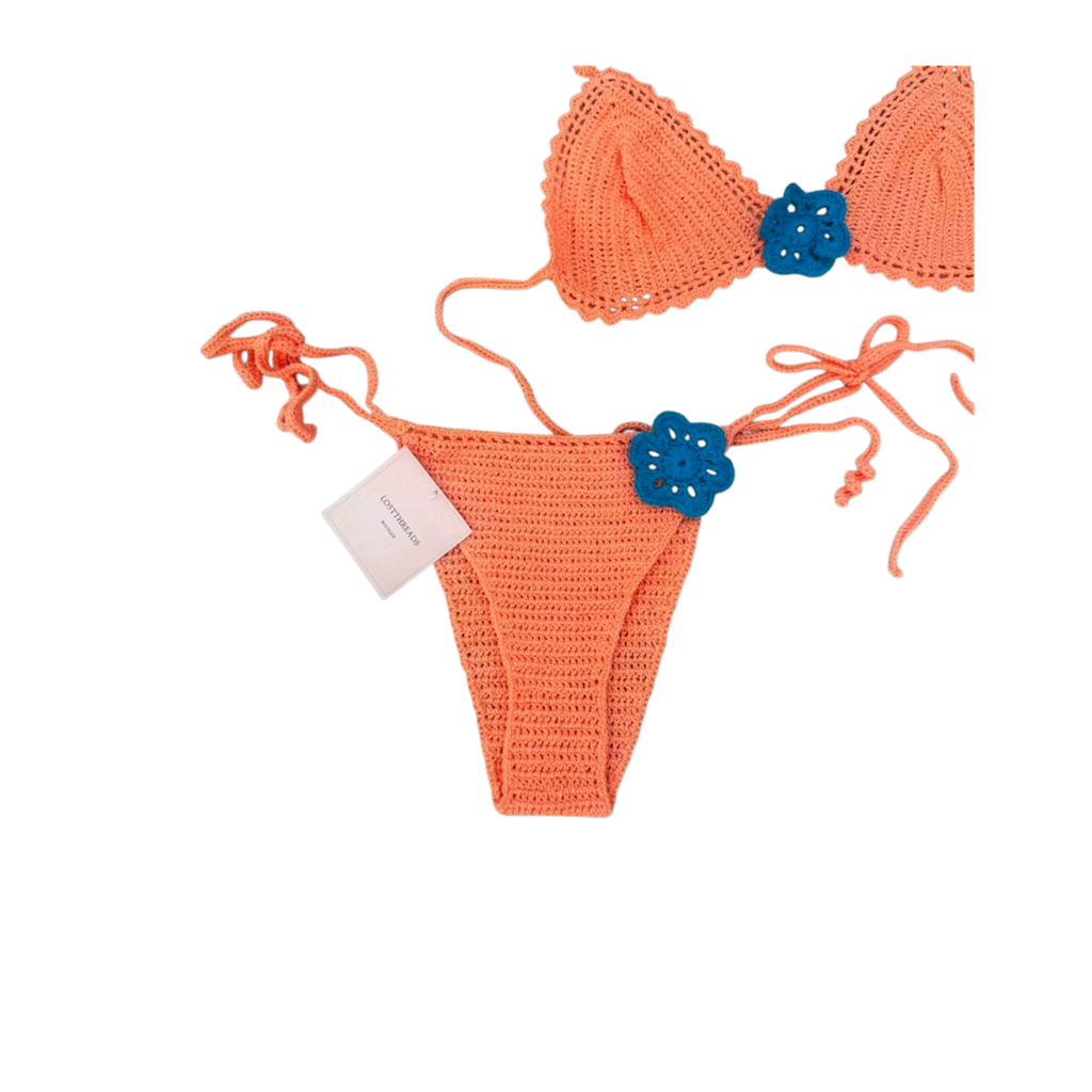 peach and blue crochet bikini set