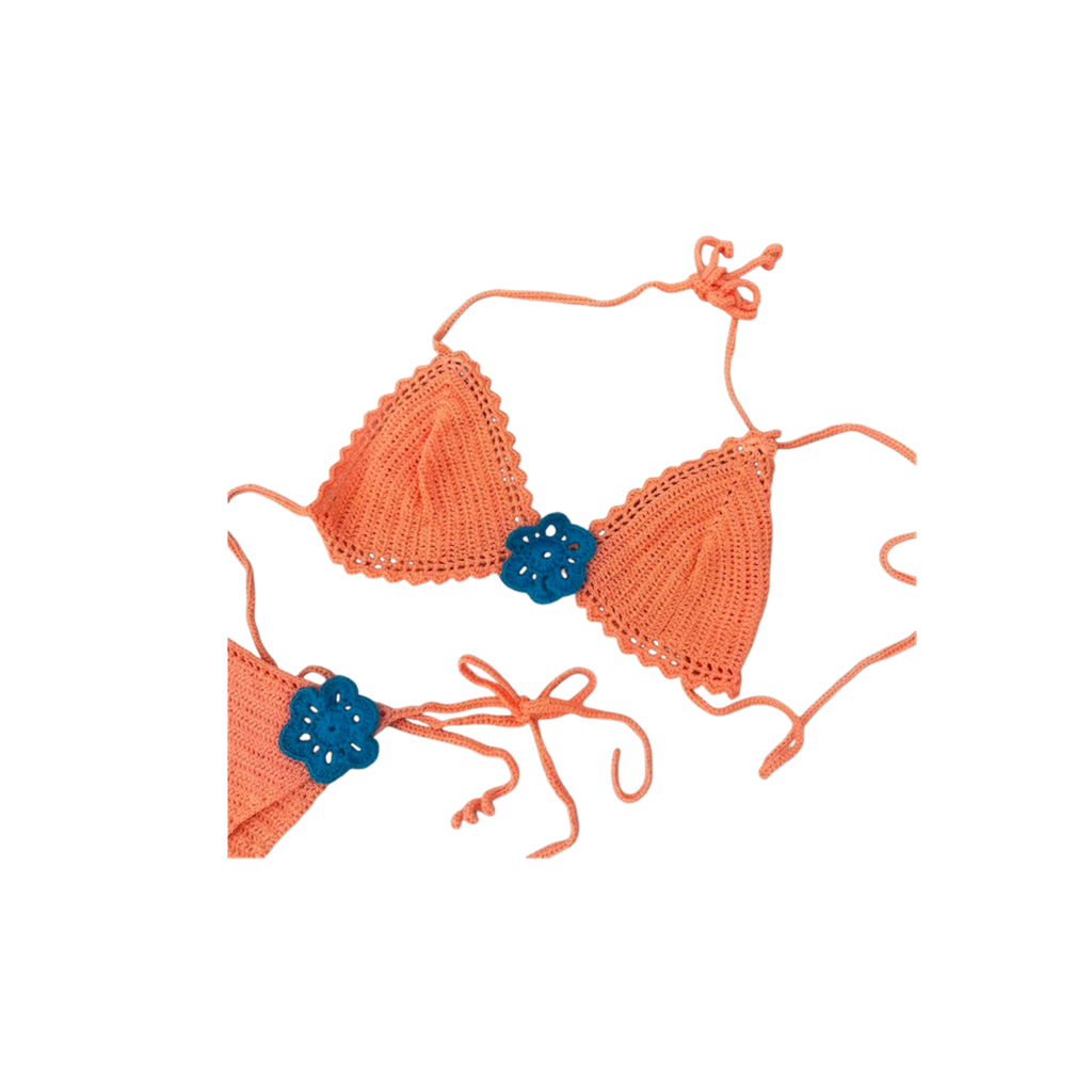 peach and blue crochet bikini set