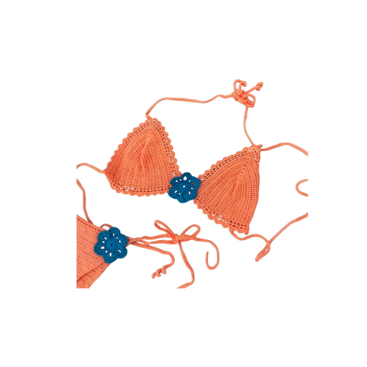 peach and blue crochet bikini set