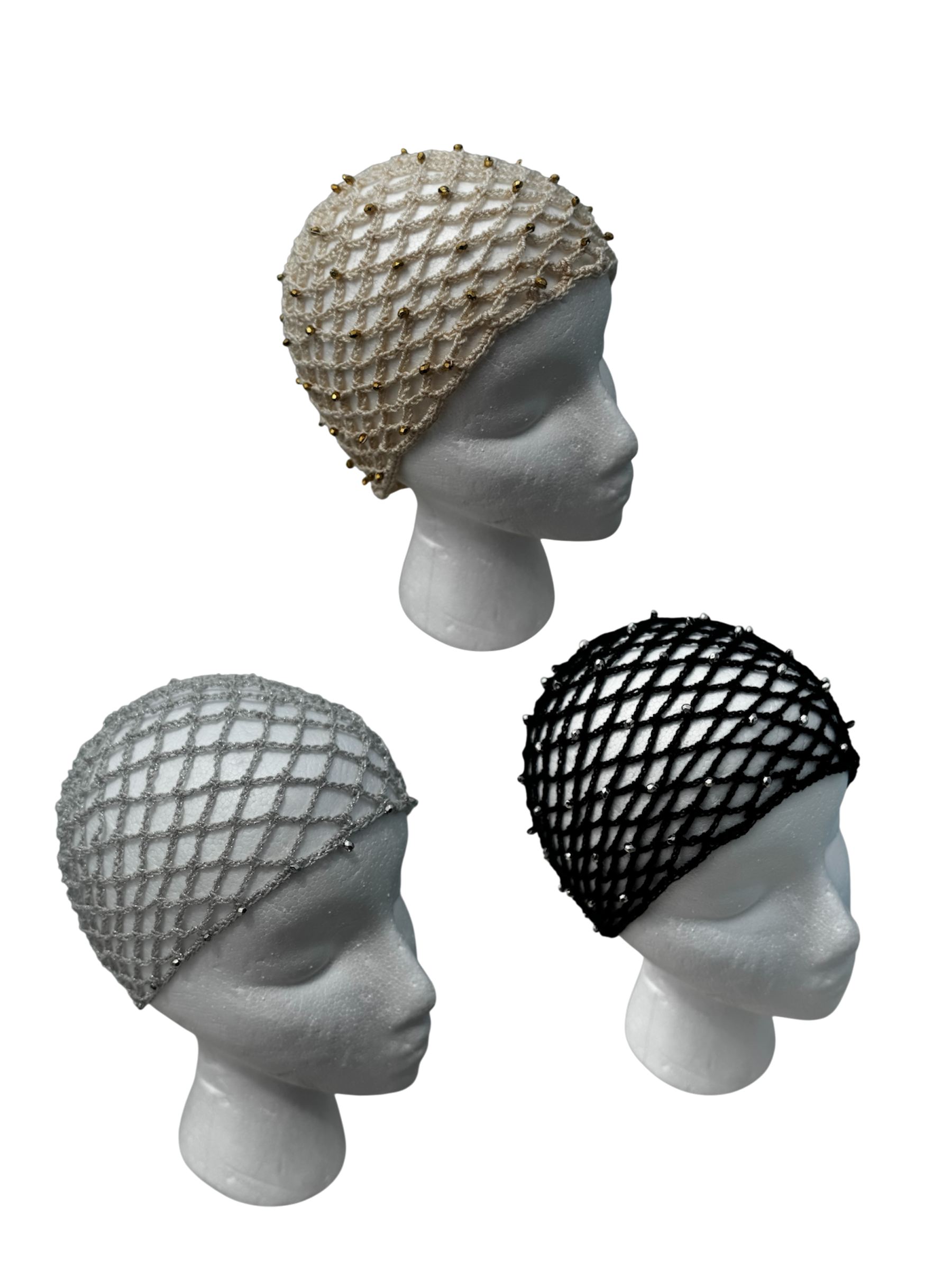 Crochet beaded fishnet skull caps